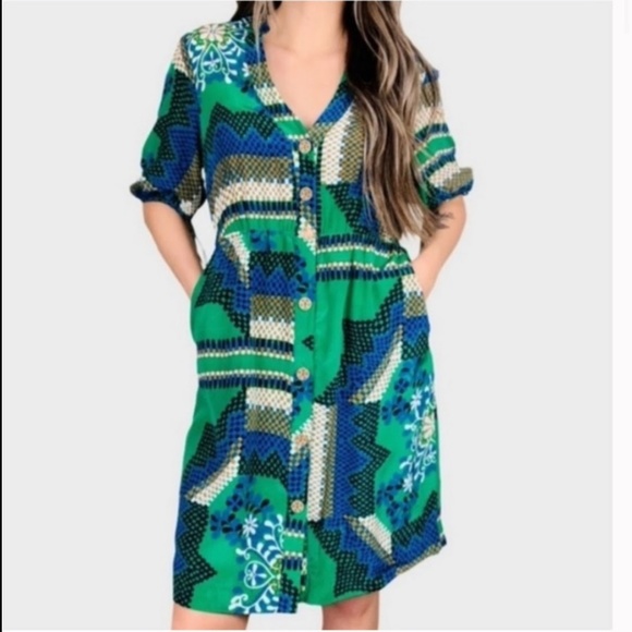 🪩 Anthro Moulinette Seours Green Patterned Dress - Picture 1 of 9